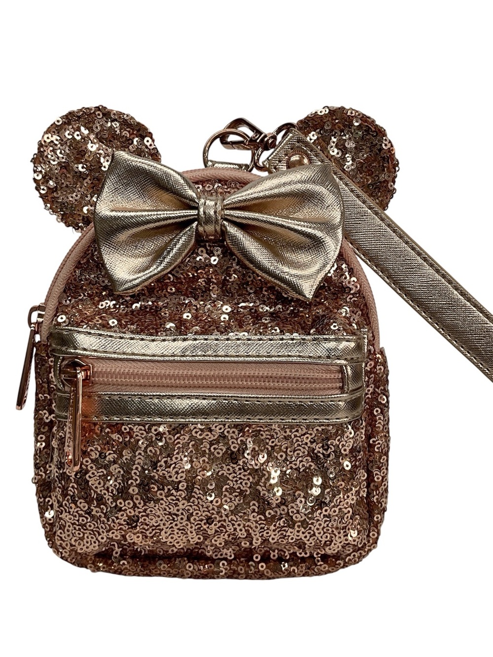 Disney Parks Loungefly Minnie Mouse Rose Gold Sequin Backpack Wristlet